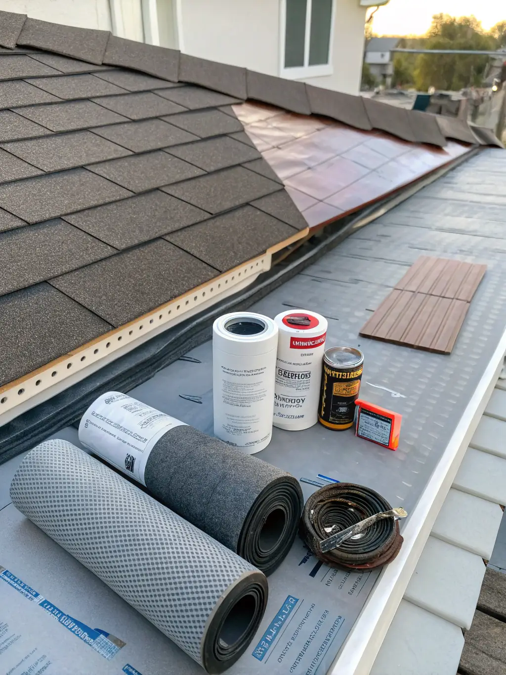 A close-up of various roofing materials, including asphalt shingles, metal roofing, and tile, showcasing the options available.