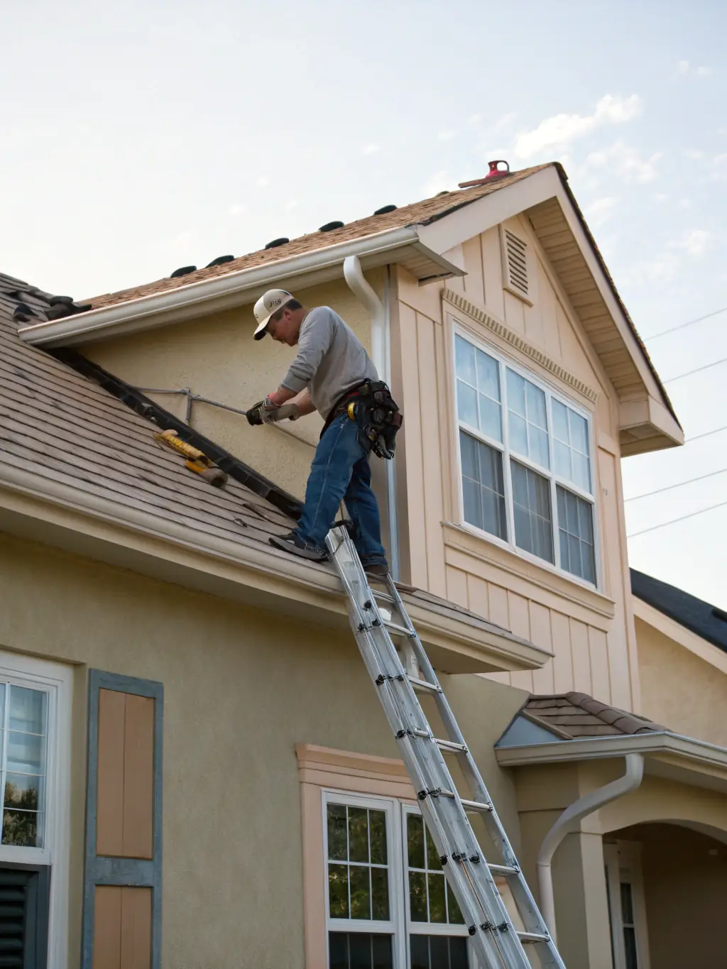 A professional showcasing a new GAF shingle roof installation on a luxury home, emphasizing the quality and aesthetic appeal.