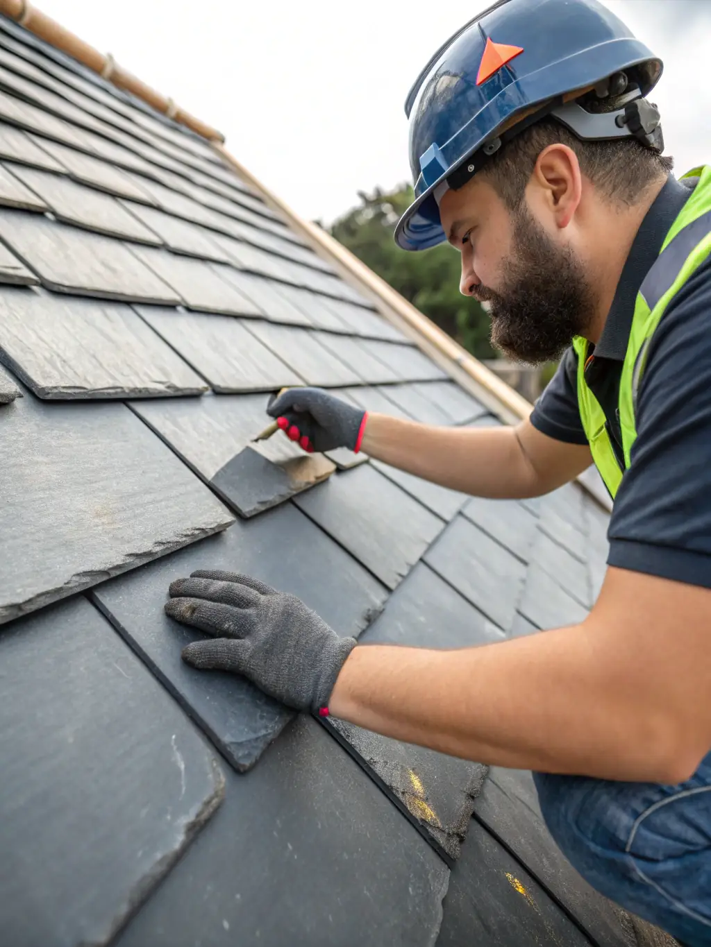 A technician performing routine maintenance on a roof, clearing debris and inspecting for potential issues.