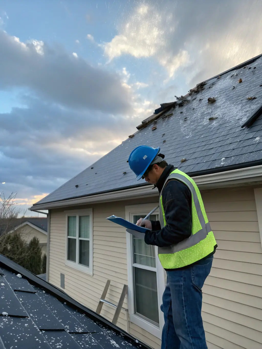 A roofer carefully repairing a damaged section of a roof, with a focus on identifying and fixing leaks.